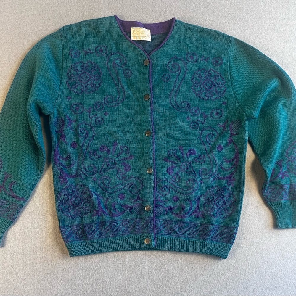 Pendleton Teal Wool Cardigan with Purple Patterns Vintage